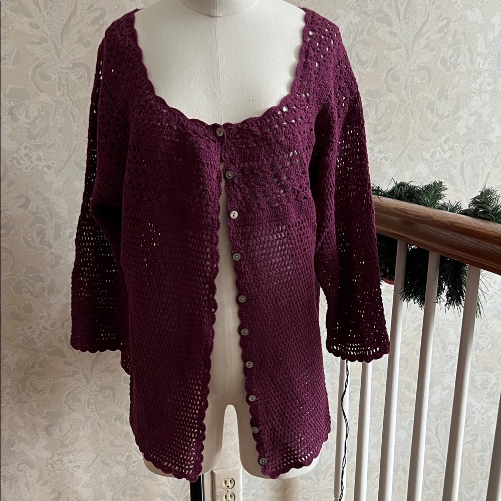 Eddie Bauer Elegant Plum Hand Crocheted Button Front Sweater